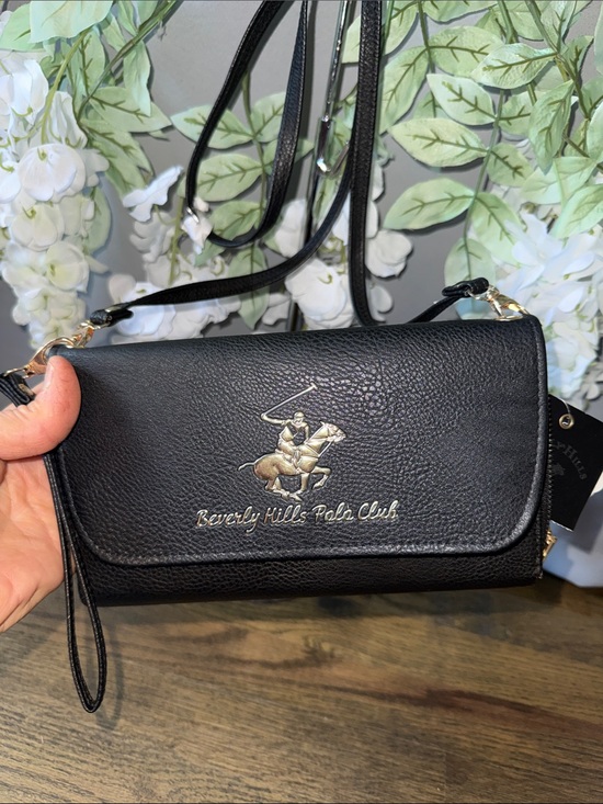 Beverly Hills Polo Club Handbags - Beverly Hills Polo Club Black Pebbled Leather Crossbody Wallet with Gold Logo
